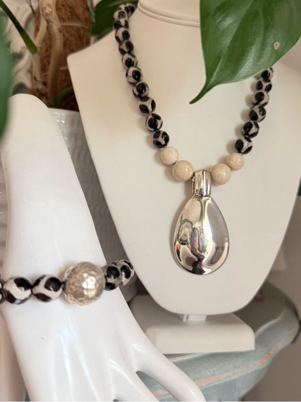 Simon Sebbag 925 Sterling Silver Pendant Beaded Necklace & Bracelet